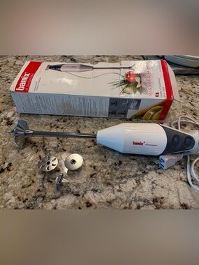 Bamix White Handheld Immersion Blender with Stainless Attachments